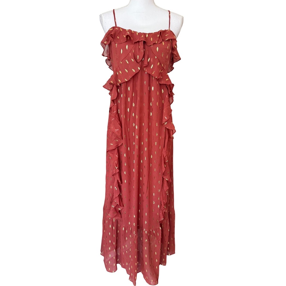 Rubienn Rust & Gold Leaf Foil Ruffle Maxi Dress Womens Medium NWT‎